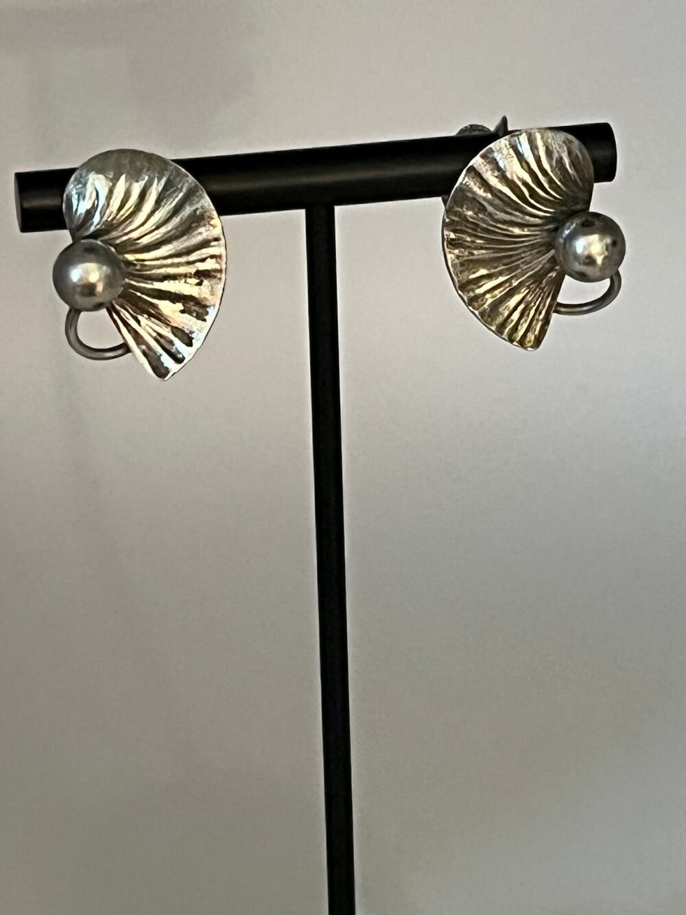 Vintage sterling silver Lily Pads screw back ear clips, signed